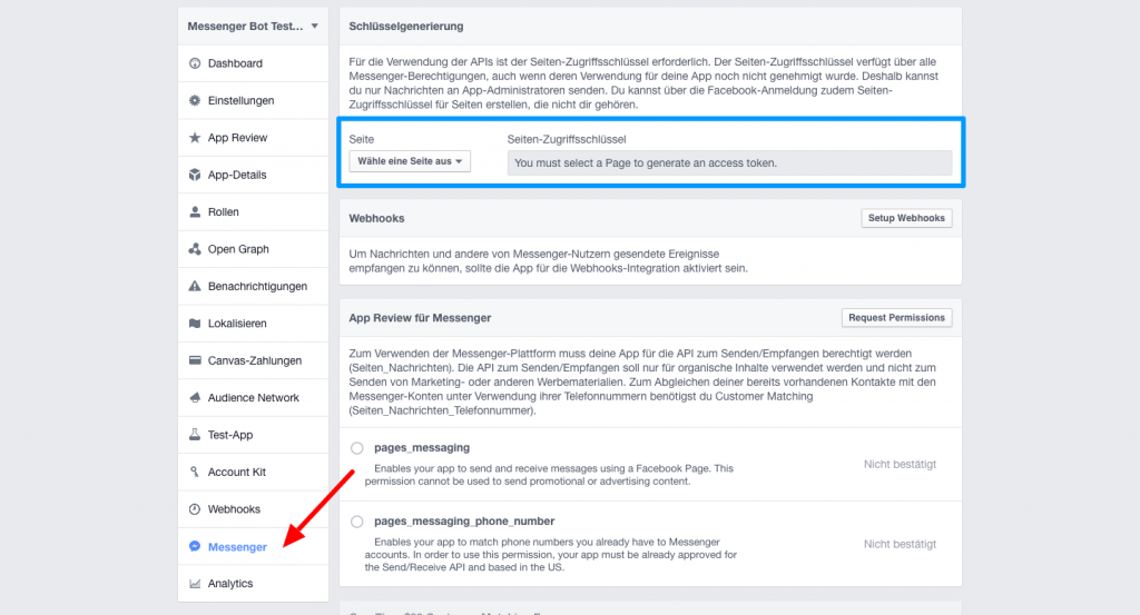Facebook Messenger-Bot: Das App-Dashboard
